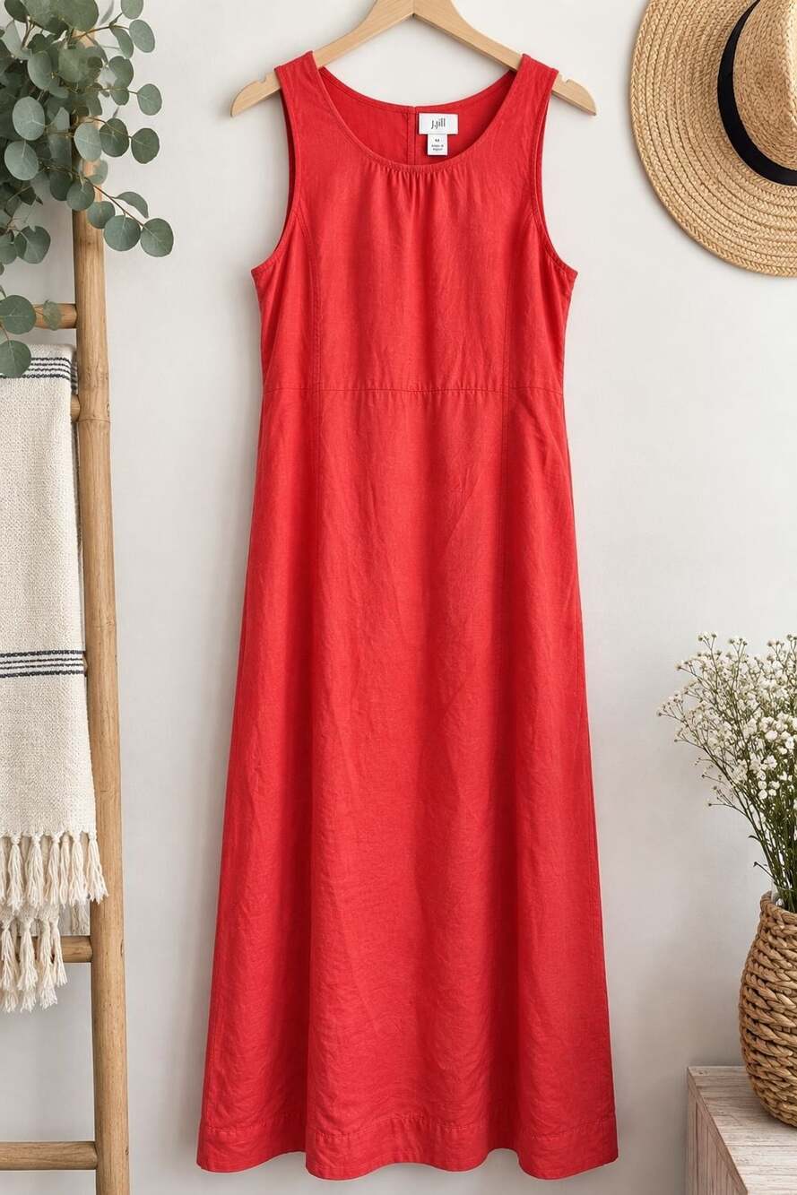 J.Jill Linen Blend Maxi Dress M Coral Coastal Resort Boho Sleeveless